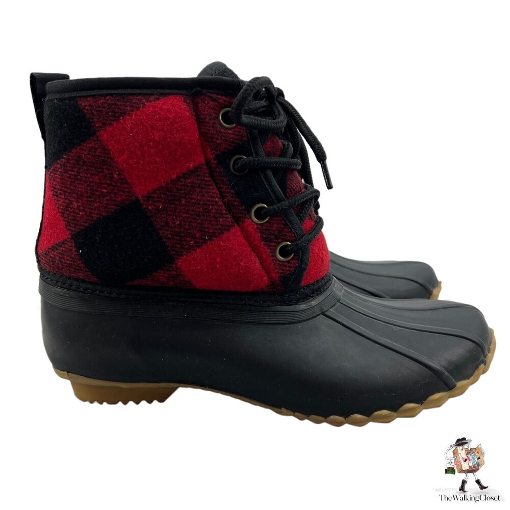 Western Chief Duck Boots Womens 7 Basic Buffalo Plaid 4-Eye Lace Up Rubber Sole